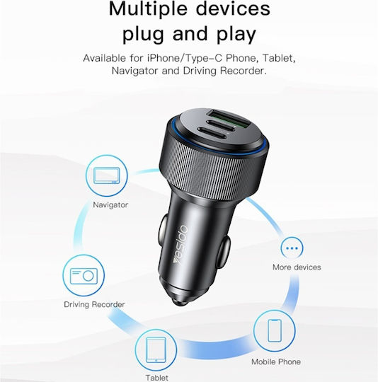 Yesido Încărcător Auto Cu Mufă De Brichetă 60W Încărcare Rapidă Cu Porturi 1xUSB-A 2xUSB-C Culoare Neagră