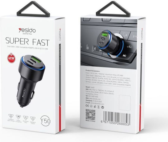 Yesido Încărcător Auto Cu Mufă De Brichetă 60W Încărcare Rapidă Cu Porturi 1xUSB-A 2xUSB-C Culoare Neagră