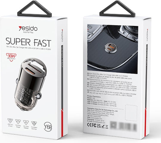 Yesido Încărcător Auto Cu Mufă De Brichetă 30W Încărcare Rapidă Cu Porturi 1xUSB-A 1xType-C Culoare Neagră