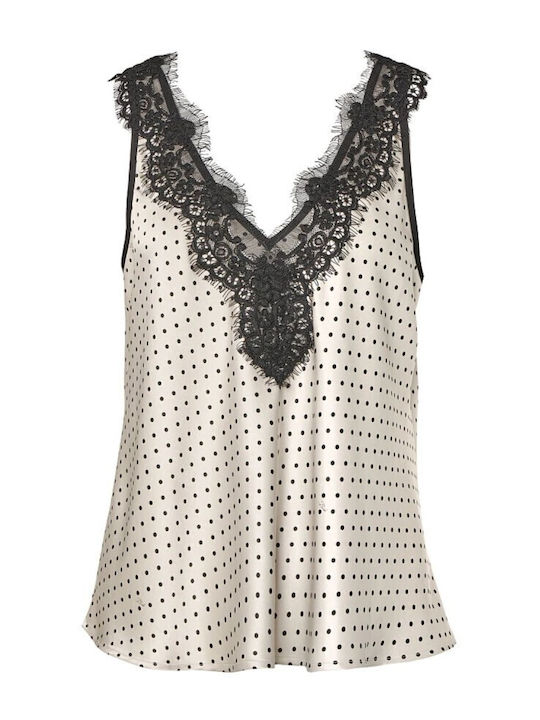 Damenbluse Satin Ärmellos mit V-Ausschnitt Polka Dot Vanille