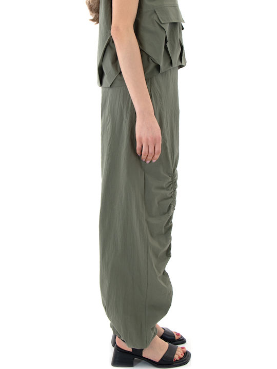 Damen Stoffhose mit Gummiband in Balloon Bein Stil Khaki