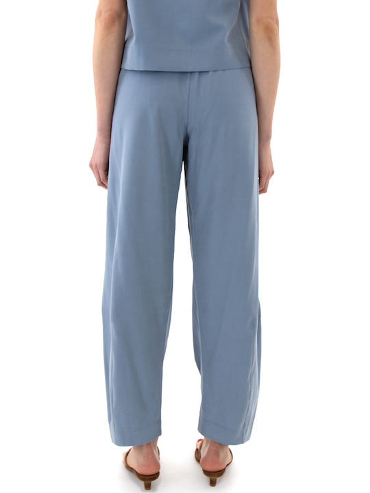 Women's High Rise Fabric Trousers with Rubber Band in Balloon Leg Style Sky Blue