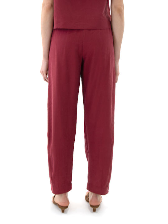 Women's High Rise Fabric Trousers with Rubber Band in Balloon Leg Style Red
