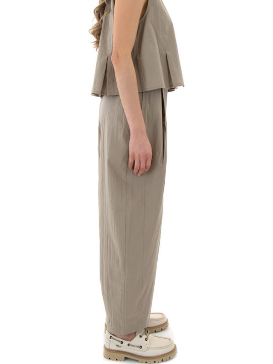 Women's High Rise Fabric Trousers with Rubber Band in Balloon Leg Style Beige