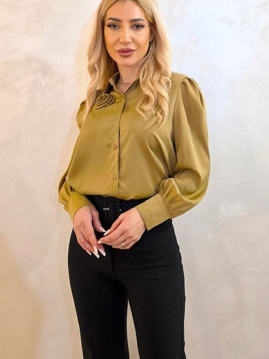 Langärmeliges Damen Seidiges Hemd Olive Grüne Blumen Muster
