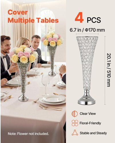 Vevor Set Decorative Crystal Silver Vases 17xH51cm 4 Pieces