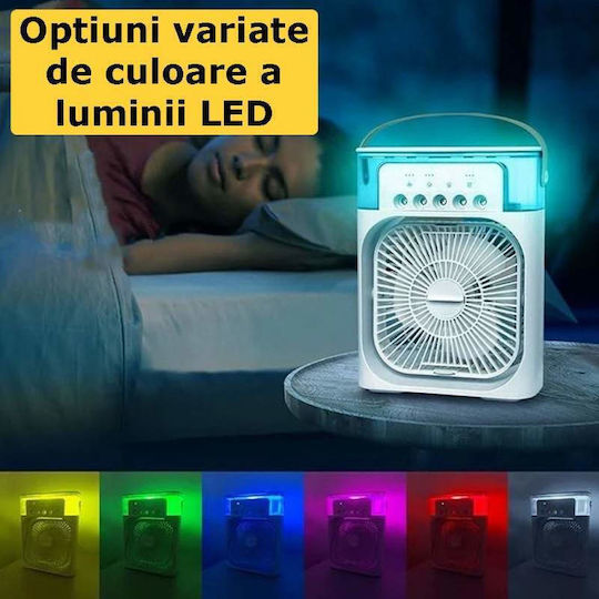 Siks Ventilator Portabil 3-în-1 Pentru Răcirea Camerei Pulverizator Cu Apă Umidificator Ventilație Răcire Iluminare Difuzor Aromaterapie Timer Oprire Automată Ergonomic 10W Încărcare USB Compartiment De Depozitare Gheață Ușor De Curățat Alb