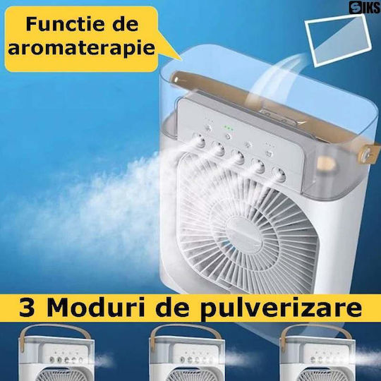 Siks Ventilator Portabil 3-în-1 Pentru Răcirea Camerei Pulverizator Cu Apă Umidificator Ventilație Răcire Iluminare Difuzor Aromaterapie Timer Oprire Automată Ergonomic 10W Încărcare USB Compartiment De Depozitare Gheață Ușor De Curățat Alb