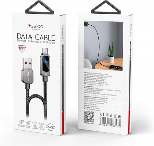 Data Cable Usb To Type-c 66w Led Display 1.2m Yesido Black