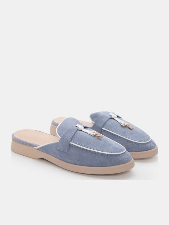 Flat Suede Mules In Light Blue Colour