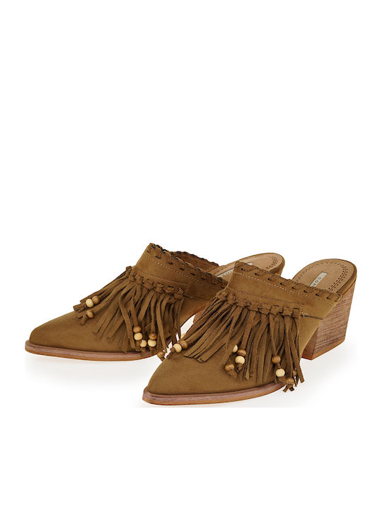 Suede Mules με Τακούνι σε Ταμπά Χρώμα