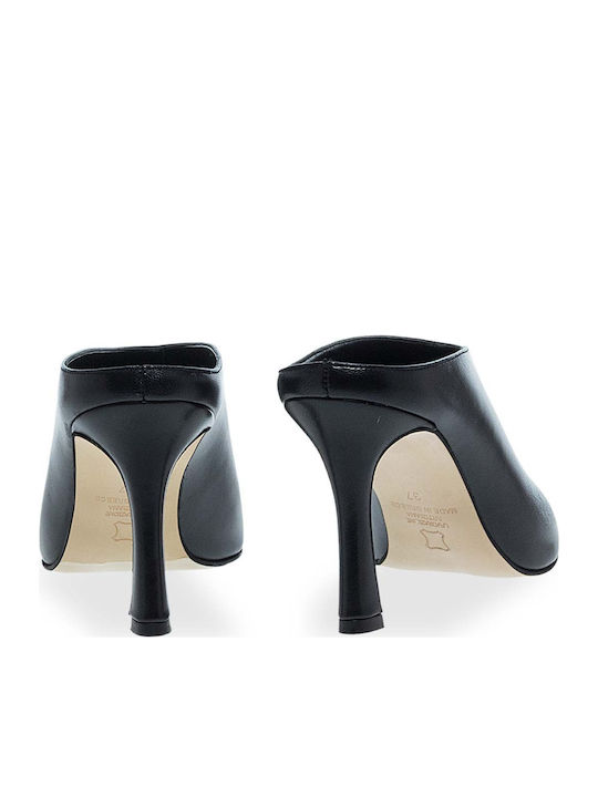 Leather Mules with Thin Heel in Black Colour