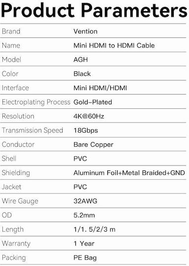 Vention HDMI 2.0 Premium High Speed 4K 60Hz HDR Cable HDMI Male - Mini HDMI Male 1.5m Black