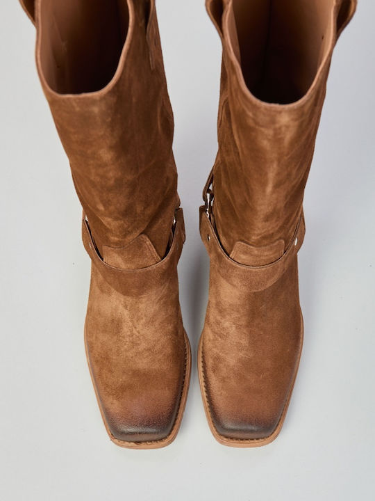 Suede Women's Cowboy Boots with Mid Heel Tabac Brown