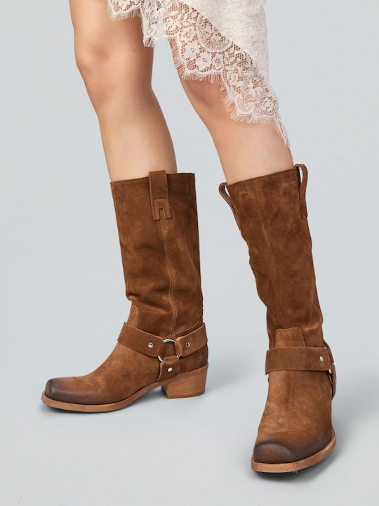 Suede Women's Cowboy Boots with Mid Heel Tabac Brown