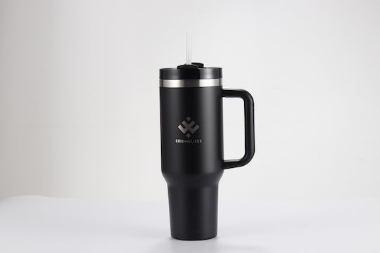 Chic & Clicks Handled Tumbler Θερμός Ανοξείδωτο BPA Free 1.18lt Μαύρο με Καλαμάκι και Λαβή