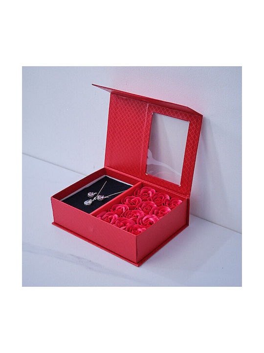 Set Elegant Cristale Zirconia Fulgi De Zăpadă Oțel Inoxidabil În Cutie De Bijuterii Trandafiri Spumă Roșii Mesaj