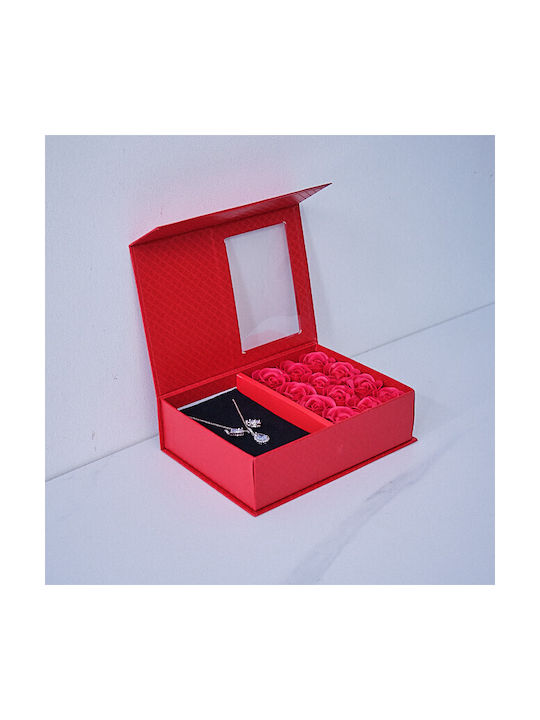 Set Elegant Cristale Zirconia Fulgi De Zăpadă Oțel Inoxidabil În Cutie De Bijuterii Trandafiri Spumă Roșii Mesaj