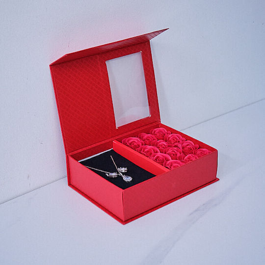 Elegant Set Zirconia Crystals Snowflakes Stainless Steel In A Jewelry Box A Message Foam Roses Red