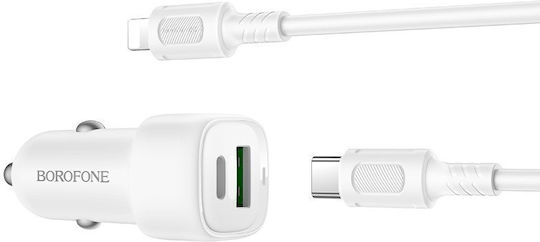 Borofone Автомобилен Зарядно Устройство 38W с Бързо Зареждане с Портове 1xUSB-A 1xType-C с Кабел Lightning / Type-C Бял Цвят