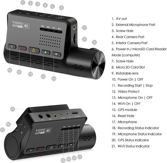 Viofo A139 Pro Set Autokamera DVR 4K mit Klebeband & Rückfahrkamera 3CH Triple-Auto-Kamera 4K HDR mit GPS und 5GHZ WI-FI