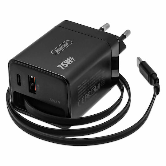 Andowl Charger with Built-in Cable with USB-A Port and USB-C Port USB-C 75W Power Delivery Blacks (Q-CD09)