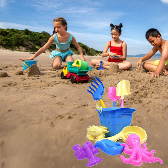 Set 9 Jucării De Plajă Zola Găleată Albastră 5 Matrițe Lopată Greblă Spatulă Multicoloră