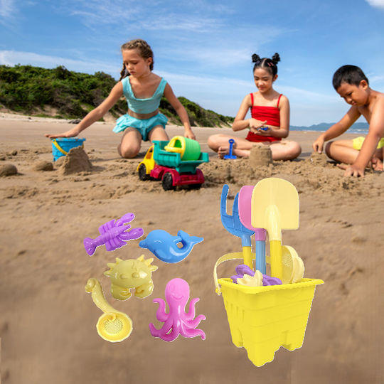 Set 9 Jucării De Plajă Zola Dispozitiv Galben Cu 5 Forme Lopată Greblă Spatulă Multicoloră