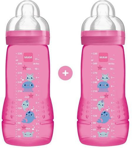 Mam Set Plastic Baby Bottles Easy Active Combi-Pack with Silicone Teat for 4+ Months Fuchsia Abyss - Fuchsia 330ml 2 Pieces