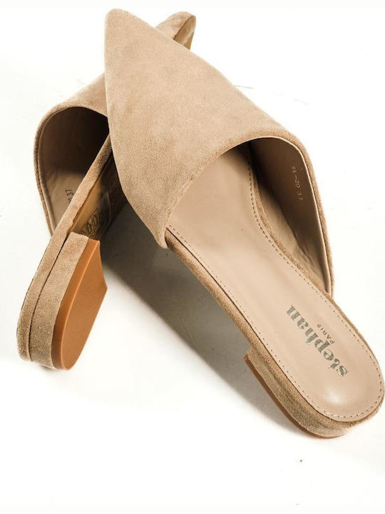 Suede Mules With Low Heel In Beige Colour