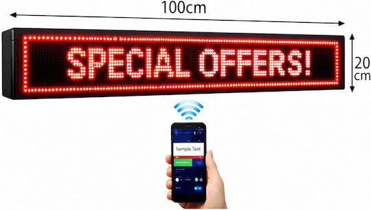 Wifi Κυλιόμενη Πινακίδα LED Μονής Όψης Αδιάβροχη 100x20cm Κόκκινο