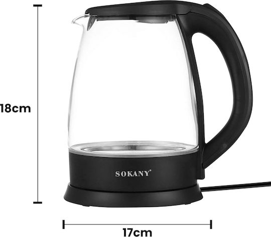 Sokany Fierbător Electric din Sticlă 1500W 2L Bază Rotativă 360° Negru