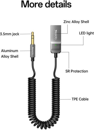 Bluetooth Audio Cable Usb To 3.5mm Jack Hands-free 1.4m Nylon Yesido Black