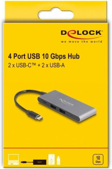 DeLock Hub 4 Porturi USB 3.2 cu Conectare USB-C Gri