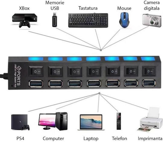 Hub USB 7 Porturi Huba55 1 X USB 3.0 6 X USB 2.0 Alimentare Indicator LED Comutator Independent PC Laptop Desktop Negru