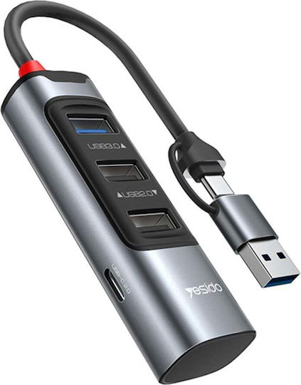 Stație de Andocare 4 în 1 Usb Type-c la 3x Usb 2.0 1x Usb 3.0 5gbps Aliaj de Aluminiu Yesido Gri