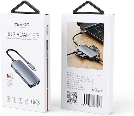 Docking Station Usb-c La Usb 3.0 Sd Tf Rj45 100mbps Pd 80w Aliaj De Aluminiu Yesido Gri