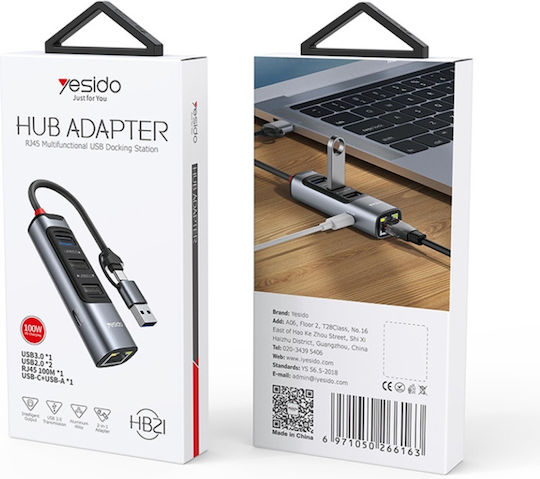 Docking Station Usb-c Zu Usb 3.0 Rj45 1000mbps Pd 100w Yesido Graues