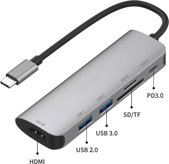 Eko Hub 6în1 Hdmi4k Sd Micro-sd Usb3.0 Usb-c La Usb Tip-c Gri