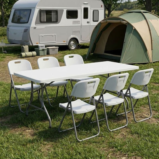 Kunststoff Garten- und Terrassentisch Verpflegung Außenbereich Zusammenklappbar mit Metallrahmen Capri Weiß Eisblau 198x90x74cm