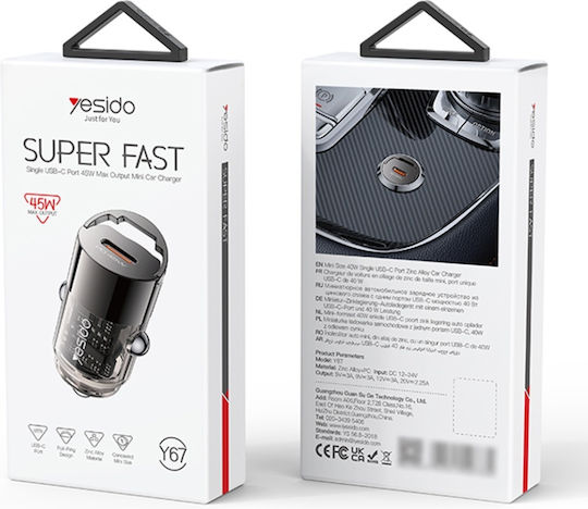 Yesido Încărcător Auto 45W De Încărcare Rapidă Cu O Singură Portă 1xType-C Cu Cablu Type-C Culoare Neagră