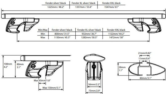 Menabo Complete Aluminum Car Roof Bars Fender 118 Cm Silver Key Standard Raised Rails Safe Load Transport 2 Pieces 16130/mb Menabo 000161300000