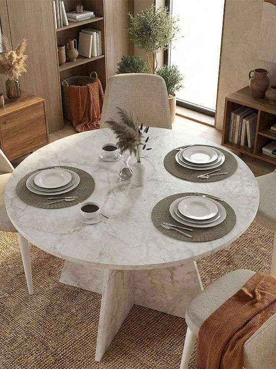 Tailor Round Dining Room Table Wooden White Marble Effect 100x100x75.7cm