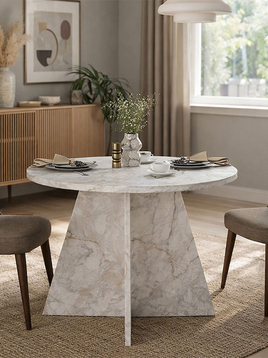 Tailor Round Dining Room Table Wooden White Marble Effect 100x100x75.7cm