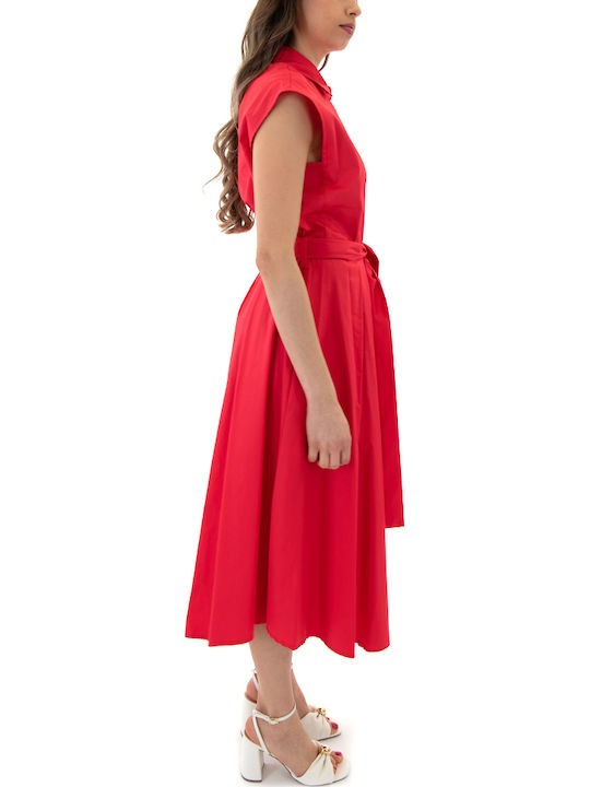 Summer Midi Shirt Dress Short Sleeve Red