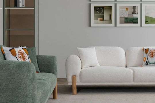 Wohnzimmermöbel-Set 3+3+1+1 in Grün & Ecru mit Holzbeinen 230x100x85cm