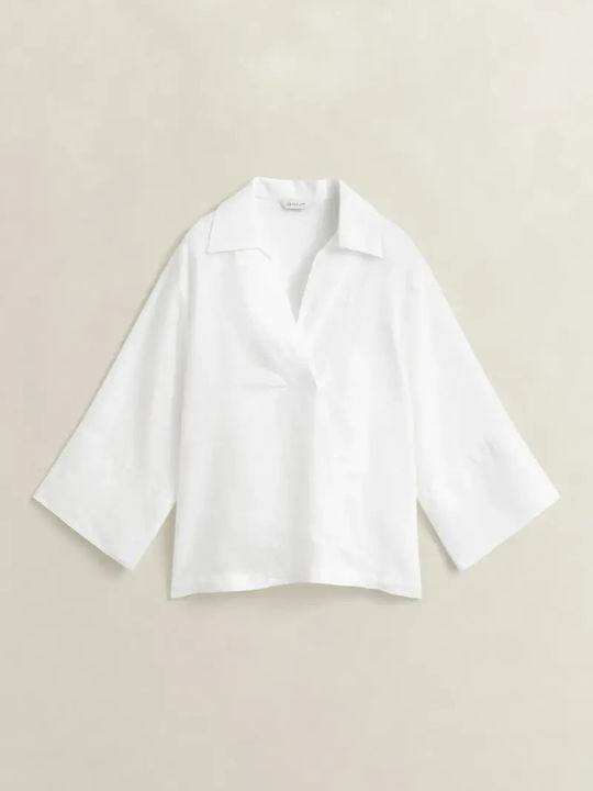 Summer Linen Tunic Short Sleeve with V-Neck White