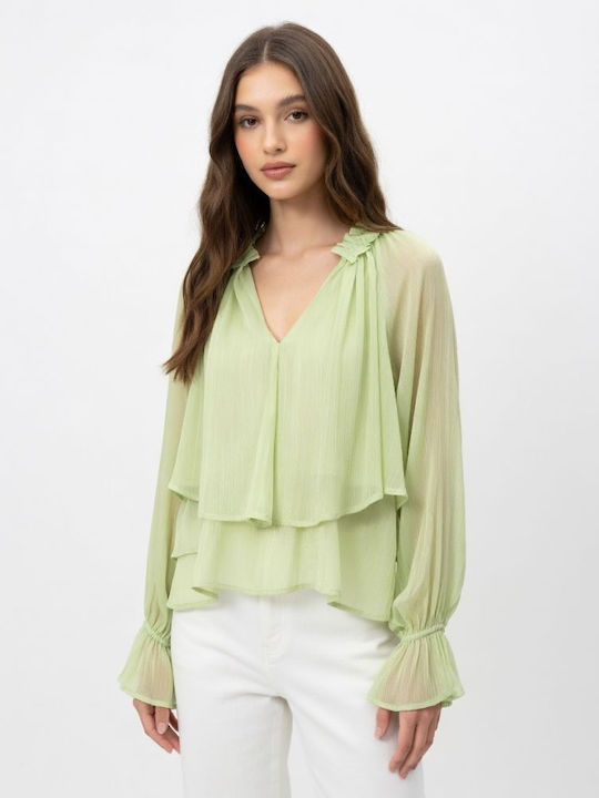 Women's Summer Blouse with V-Neckline Green Mint