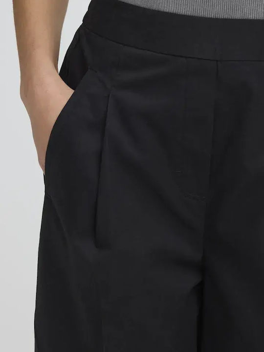Women's High Rise Fabric Capri Trousers with Rubber Band Black