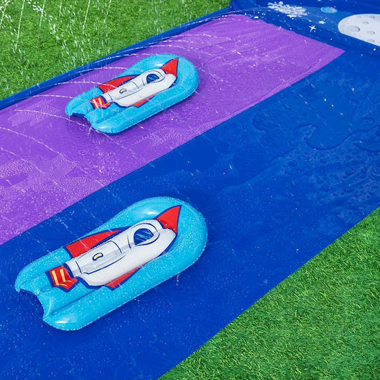 Set Dublu Tobogan de Apă Bestway Tobogan 2 Saltele Gonflabile 488-138 Cm Pvc Tematic Spațial Mov Albastru